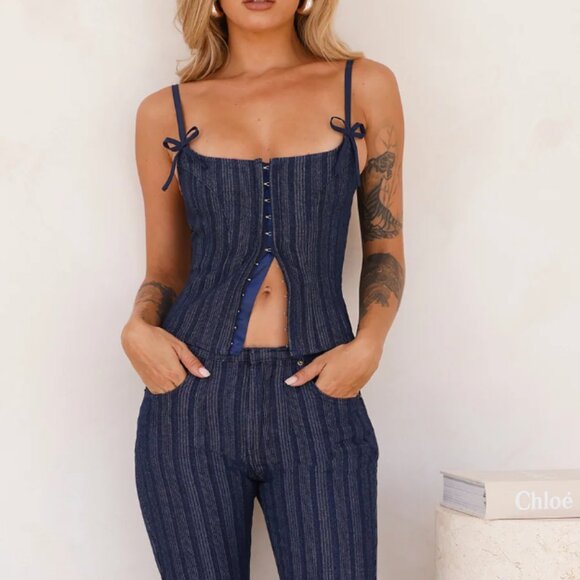 NWT LIONESS Fame Corset Navy Pinstripe - M - Picture 3 of 6